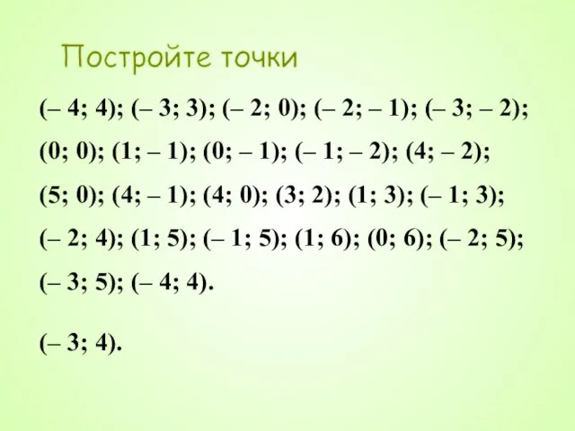 Постройте точки (– 4; 4); (– 3; 3); (– 2; 0); (–