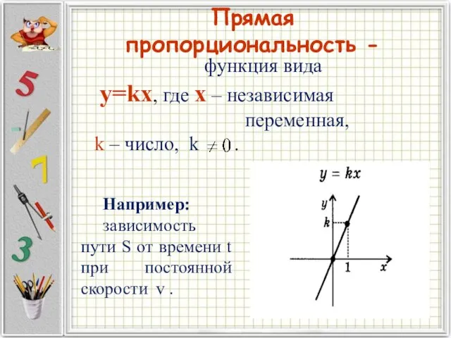 Прямая пропорциональность - функция вида y=kx, где x – независимая переменная, k