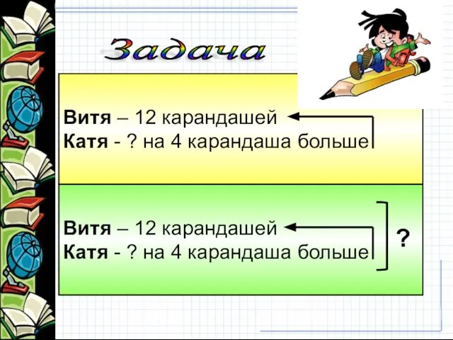 Витя – 12 карандашей Катя - ? на 4 карандаша больше Витя