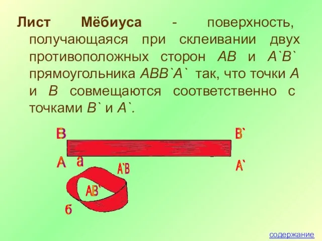 Лист Мёбиуса - поверхность, получающаяся при склеивании двух противоположных сторон AB и