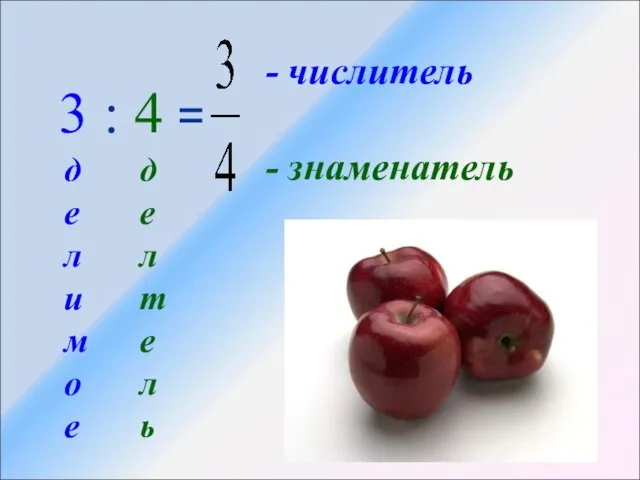 3 : 4 = - числитель - знаменатель делимое делтель