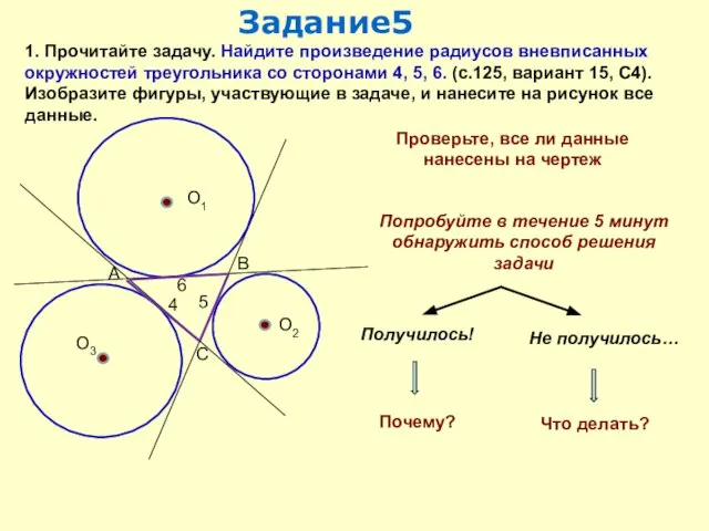 1. Прочитайте задачу. Найдите произведение радиусов вневписанных окружностей треугольника со сторонами 4,