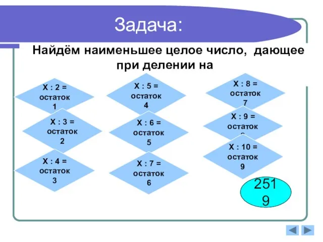 Задача: Найдём наименьшее целое число, дающее при делении на 2519 Х :