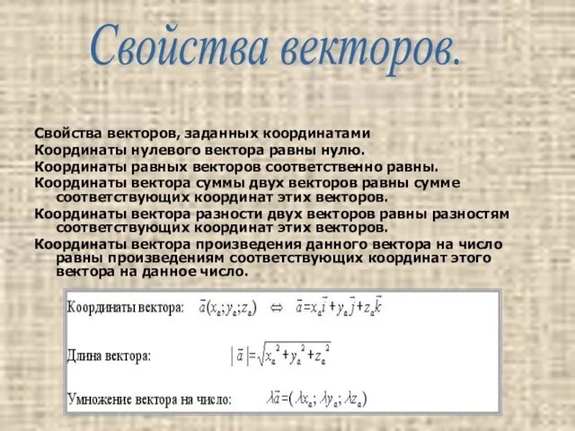 Свойства векторов, заданных координатами Координаты нулевого вектора равны нулю. Координаты равных векторов