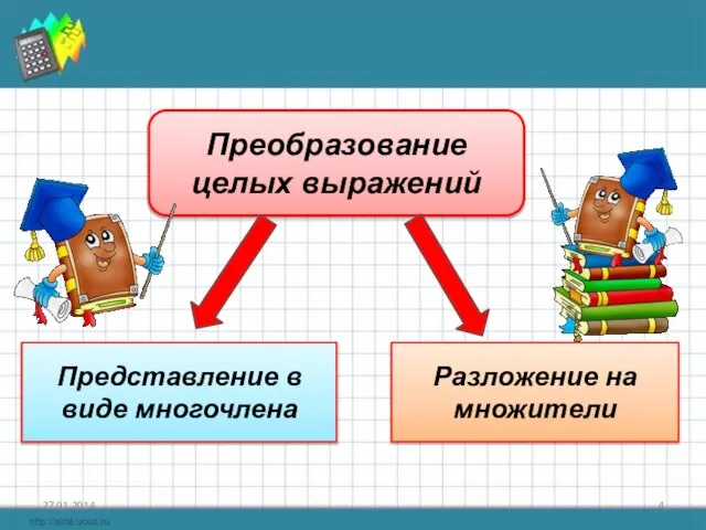 Преобразование целых выражений Представление в виде многочлена Разложение на множители