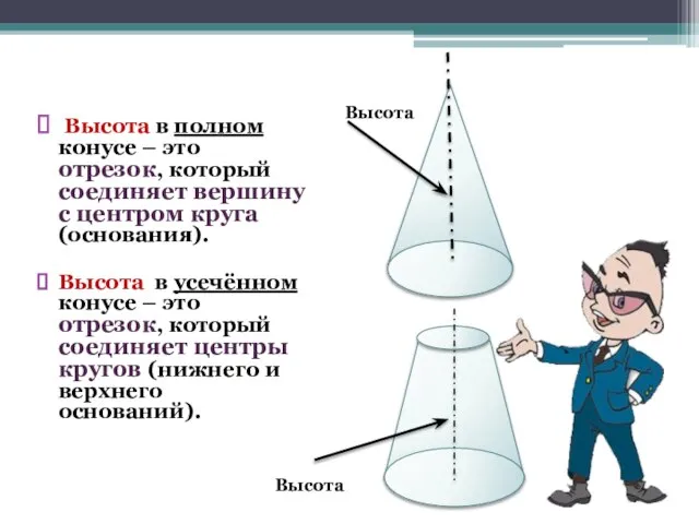 Высота в полном конусе – это отрезок, который соединяет вершину с центром