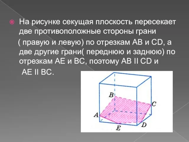 На рисунке секущая плоскость пересекает две противоположные стороны грани ( правую и