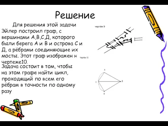 Решение Для решения этой задачи Эйлер построил граф, с вершинами А,В,С,Д, которого