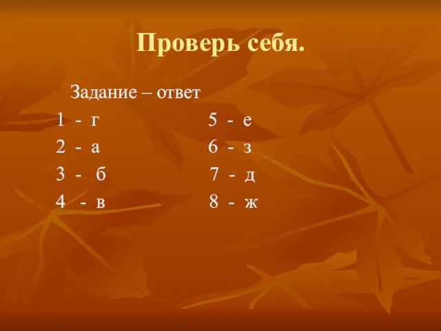 Проверь себя. Задание – ответ 1 - г 5 - е 2