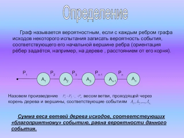 Определение Граф называется вероятностным, если с каждым ребром графа исходов некоторого испытания