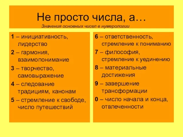 Не просто числа, а… 1 – инициативность, лидерство 2 – гармония, взаимопонимание