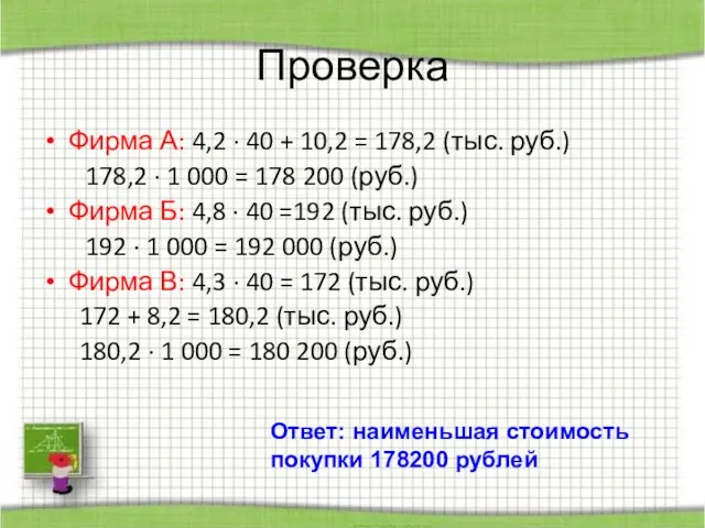 Проверка Фирма А: 4,2 · 40 + 10,2 = 178,2 (тыс. руб.)