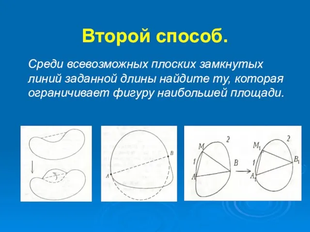 Второй способ. Среди всевозможных плоских замкнутых линий заданной длины найдите ту, которая ограничивает фигуру наибольшей площади.