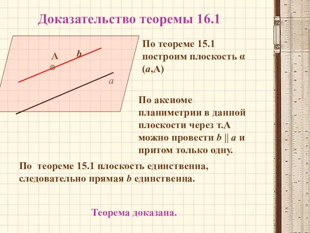 Доказательство теоремы 16.1 а А По теореме 15.1 плоскость единственна, следовательно прямая b единственна. Теорема доказана.