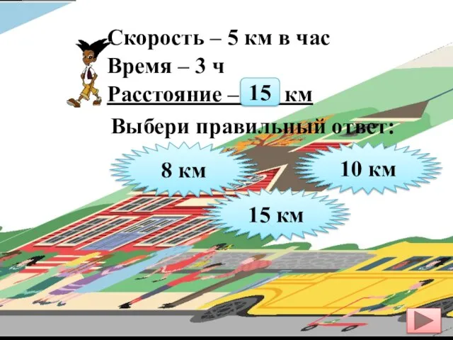 Скорость – 5 км в час Время – 3 ч Расстояние –