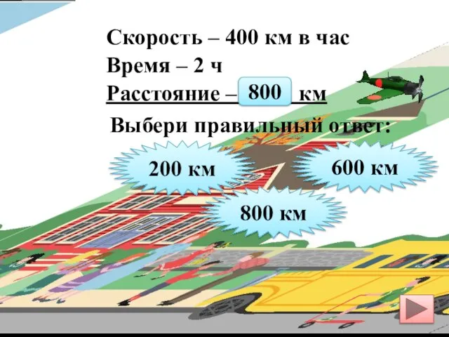 Скорость – 400 км в час Время – 2 ч Расстояние –