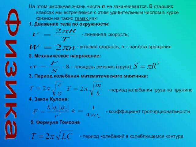 На этом школьная жизнь числа π не заканчивается. В старших классах мы