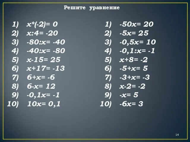 Решите уравнение x*(-2)= 0 x:4= -20 -80:х= -40 -40:х= -80 х-15= 25