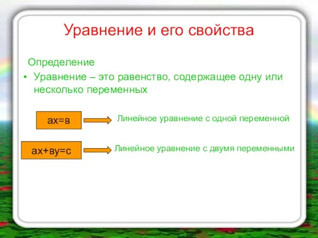 Уравнение и его свойства Определение Уравнение – это равенство, содержащее одну или