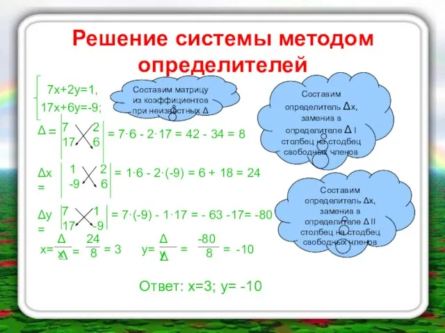 Решение системы методом определителей 7х+2у=1, 17х+6у=-9; Составим матрицу из коэффициентов при неизвестных