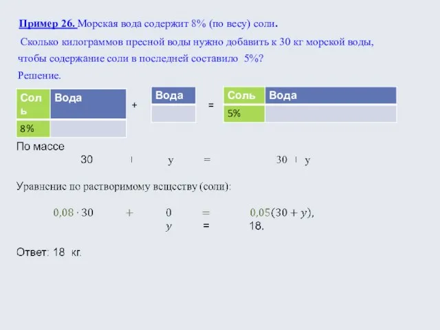 Пример 26. Морская вода содержит 8% (по весу) соли. Сколько килограммов пресной