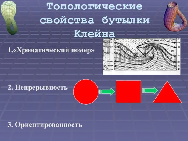 Топологические свойства бутылки Клейна 1.«Хроматический номер» 2. Непрерывность 3. Ориентированность