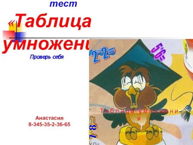 тест «Таблица умножения» Анастасия 8-345-35-2-36-65 Проверь себя Т а б л и