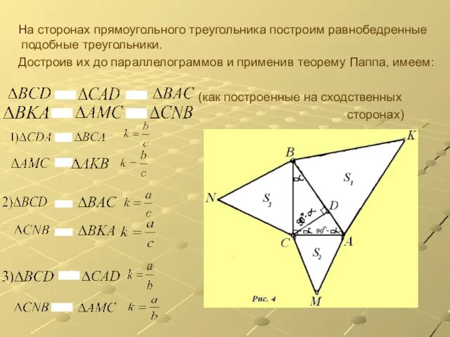 На сторонах прямоугольного треугольника построим равнобедренные подобные треугольники. Достроив их до параллелограммов