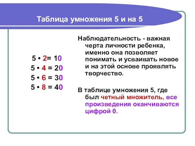 Таблица умножения 5 и на 5 5 • 2= 10 5 •