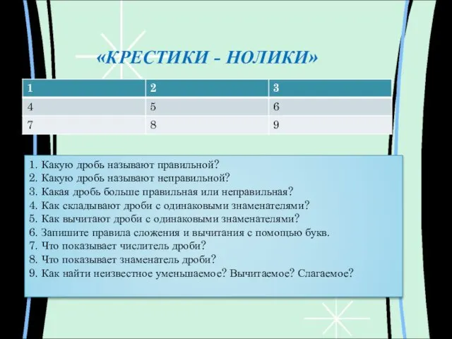 «КРЕСТИКИ - НОЛИКИ» 1. Какую дробь называют правильной? 2. Какую дробь называют