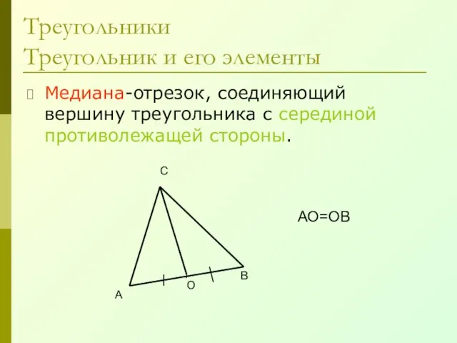 Треугольники Треугольник и его элементы Медиана-отрезок, соединяющий вершину треугольника с серединой противолежащей