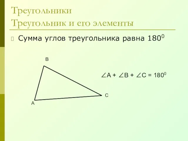 Треугольники Треугольник и его элементы Сумма углов треугольника равна 1800 А В