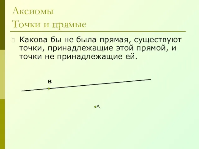 Аксиомы Точки и прямые Какова бы не была прямая, существуют точки, принадлежащие