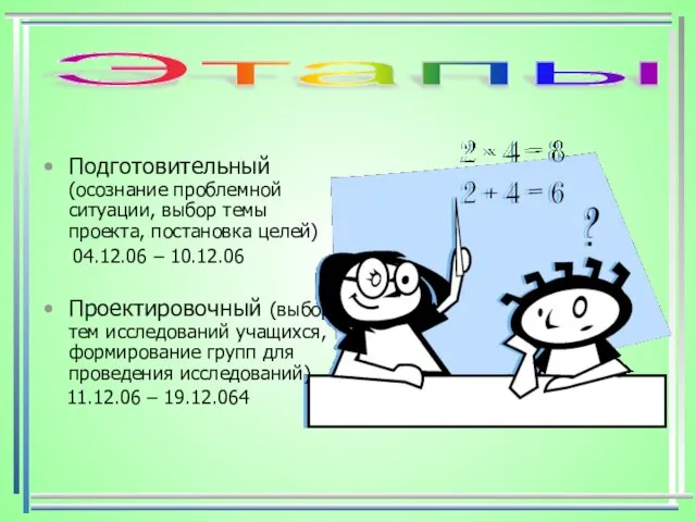 Подготовительный (осознание проблемной ситуации, выбор темы проекта, постановка целей) 04.12.06 – 10.12.06