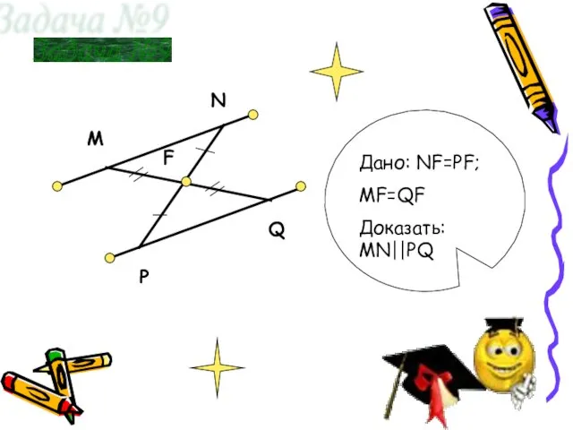 М N P Q F Задача №9 Дано: NF=PF; MF=QF Доказать: MN||PQ