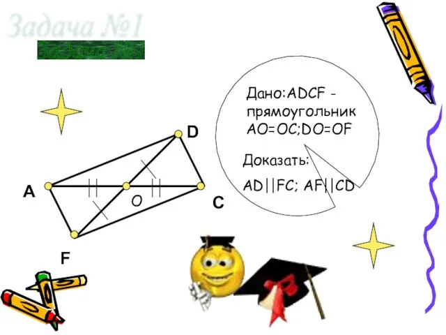 A D F C Задача №1 Доказать: АD||FC; AF||CD Дано:ADCF - прямоугольник AO=OC;DO=OF O