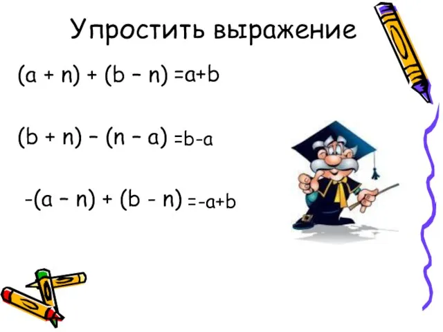 Упростить выражение (a + n) + (b – n) (b + n)