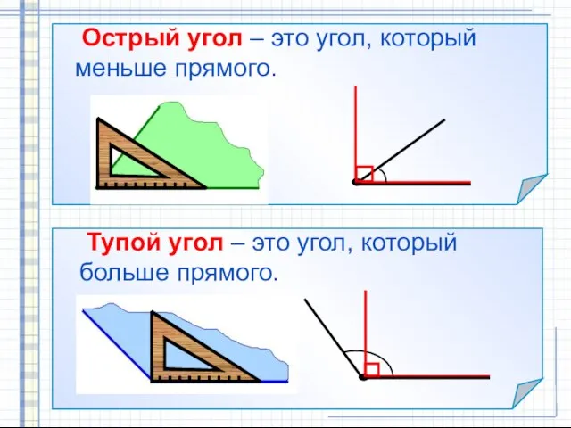 Острый угол – это угол, который меньше прямого. Тупой угол – это угол, который больше прямого.