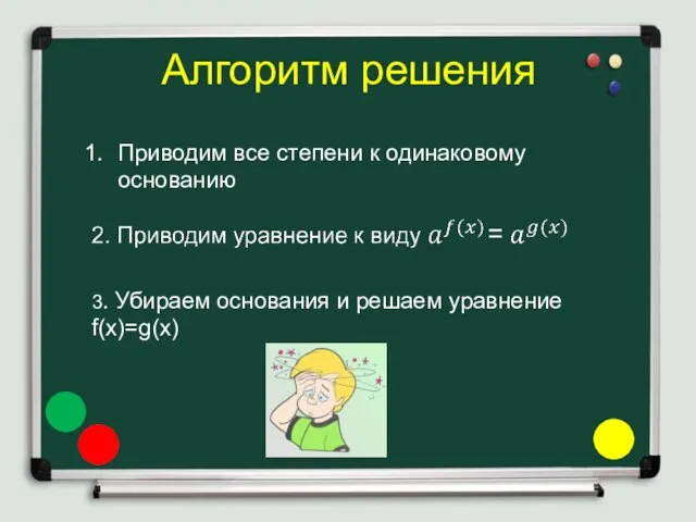 Алгоритм решения Приводим все степени к одинаковому основанию 3. Убираем основания и решаем уравнение f(x)=g(x)