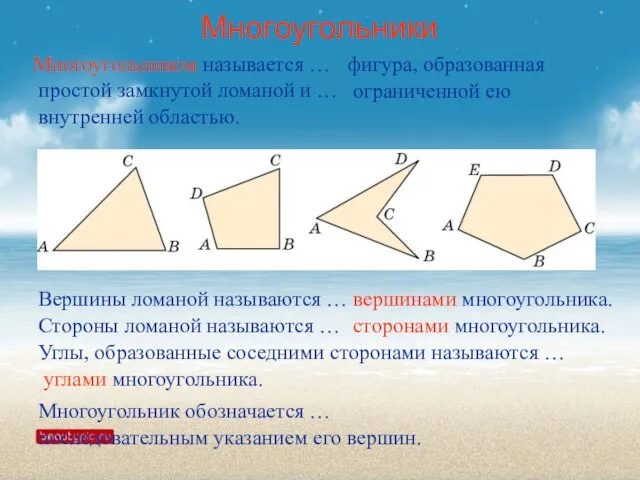 Многоугольники Многоугольником называется … фигура, образованная простой замкнутой ломаной и … вершинами