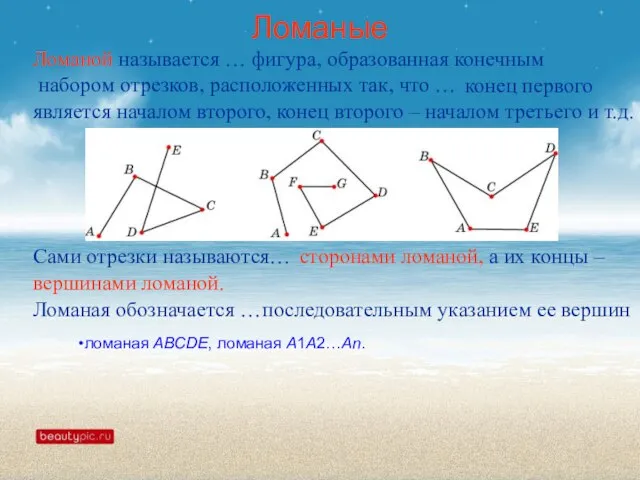 Ломаные Ломаной называется … фигура, образованная конечным набором отрезков, расположенных так, что