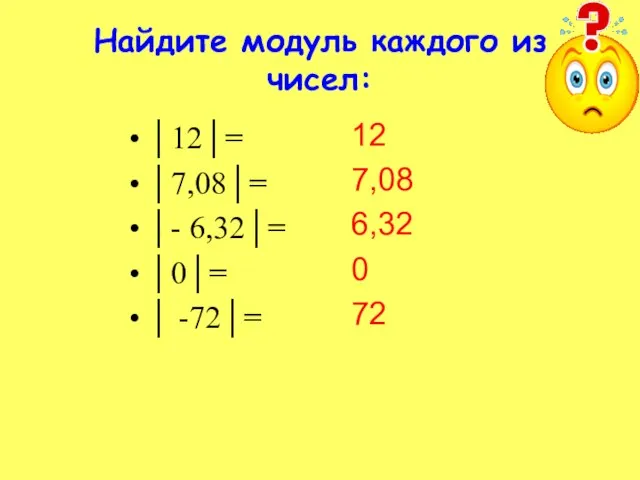 Найдите модуль каждого из чисел: 12 7,08 6,32 0 72 │12│= │7,08│=