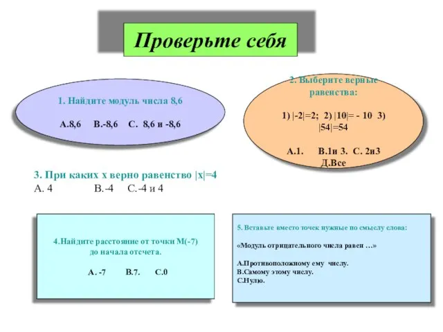 Проверьте себя 1. Найдите модуль числа 8,6 А.8,6 В.-8,6 С. 8,6 и