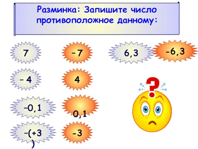 Разминка: Запишите число противоположное данному: 7 – 7 – 4 4 –0,1