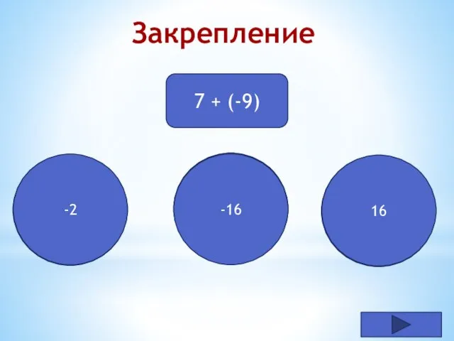 Молодец! Закрепление 7 + (-9) Подумай! -16 Подумай! 16 -2