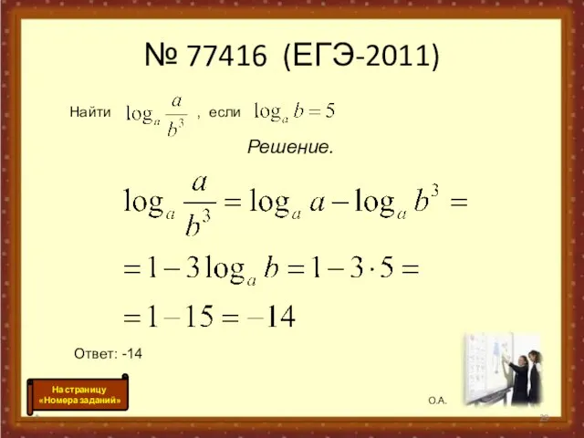 № 77416 (ЕГЭ-2011) Решение. * Найти , если Ответ: -14 О.А. На страницу «Номера заданий»