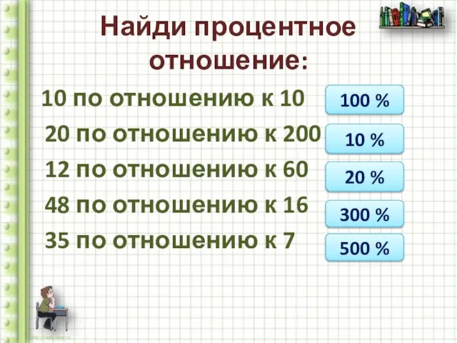 Найди процентное отношение: 10 по отношению к 10 20 по отношению к