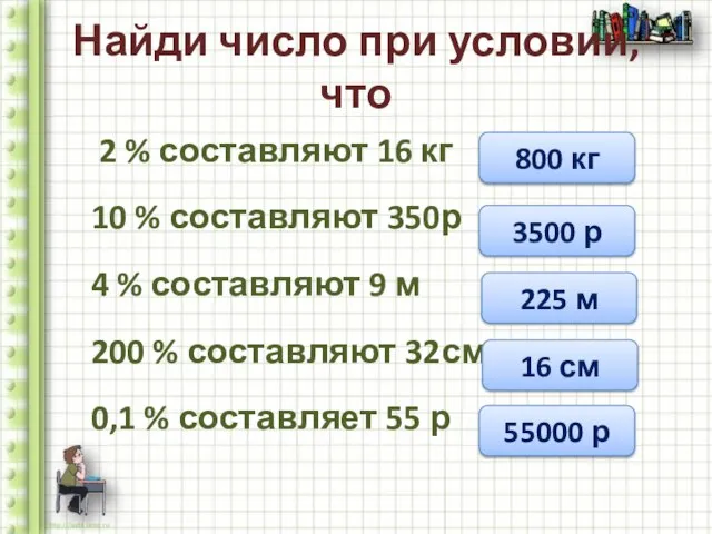 Найди число при условии, что 2 % составляют 16 кг 10 %