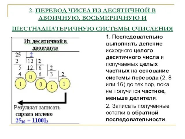 2. ПЕРЕВОД ЧИСЕЛ ИЗ ДЕСЯТИЧНОЙ В ДВОИЧНУЮ, ВОСЬМЕРИЧНУЮ И ШЕСТНАДЦАТЕРИЧНУЮ СИСТЕМЫ СЧИСЛЕНИЯ