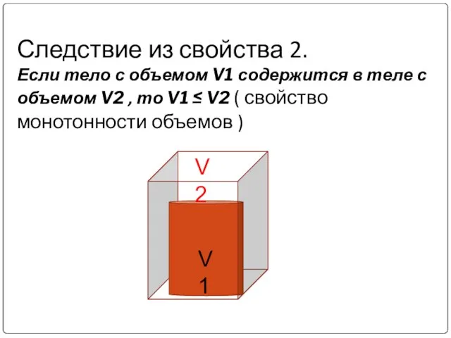 Следствие из свойства 2. Если тело с объемом V1 содержится в теле